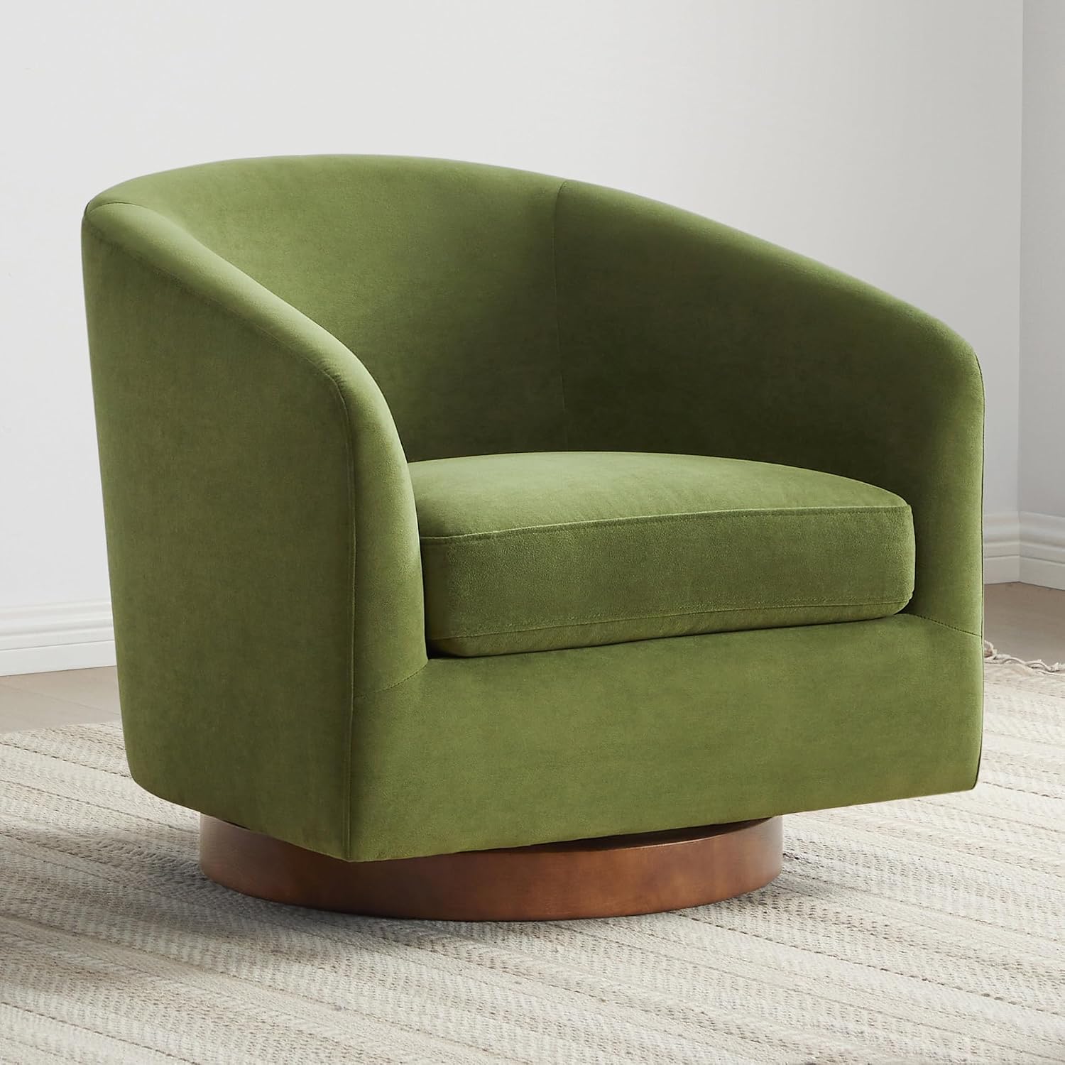 Velvet Barrel Arm Chair with 360° Swivel Solid Wood Base, Mid Century Modern Living Room Chair